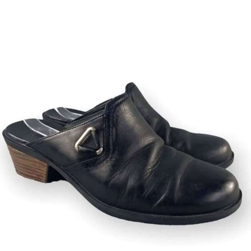 Teva foxy womens 10 Clogs Casual Mule Sandals Black Leather Block Heels Slip on‎